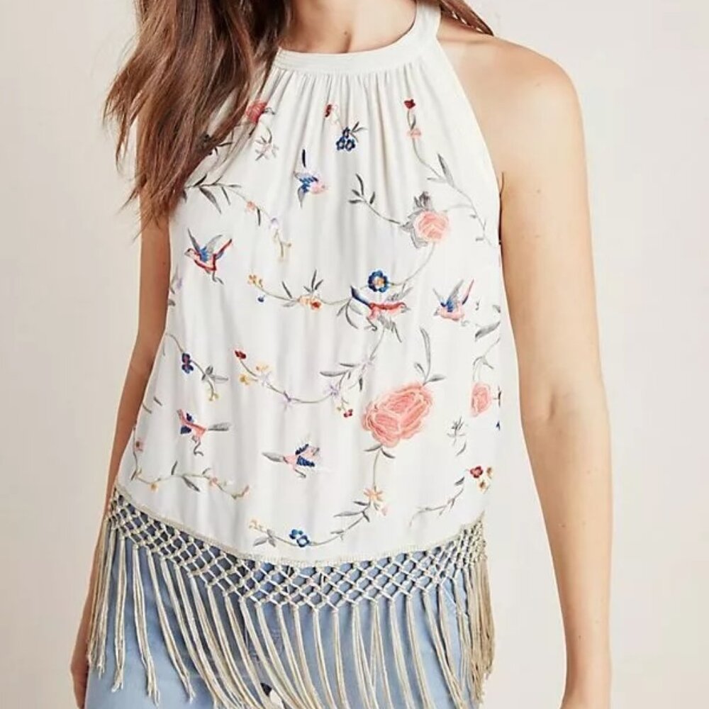 Anthropologie Gatsby Fringe Embroidered Open Back Tank